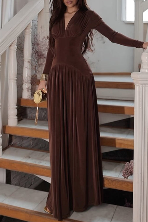 V Neck Long Sleeves Waisted Velvet Maxi Dress