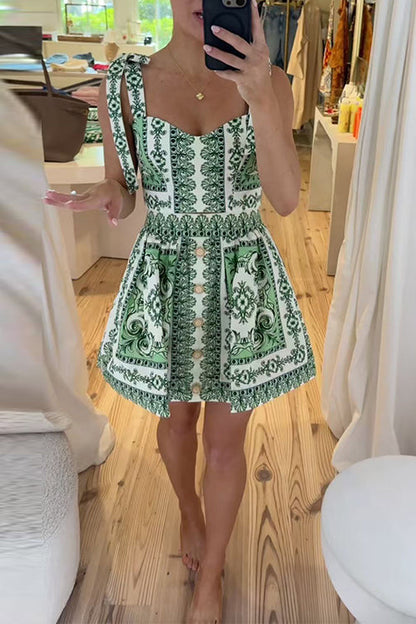 V Neck Bow Shoulder Crop Top High Rise Mini Skirt Printed Set