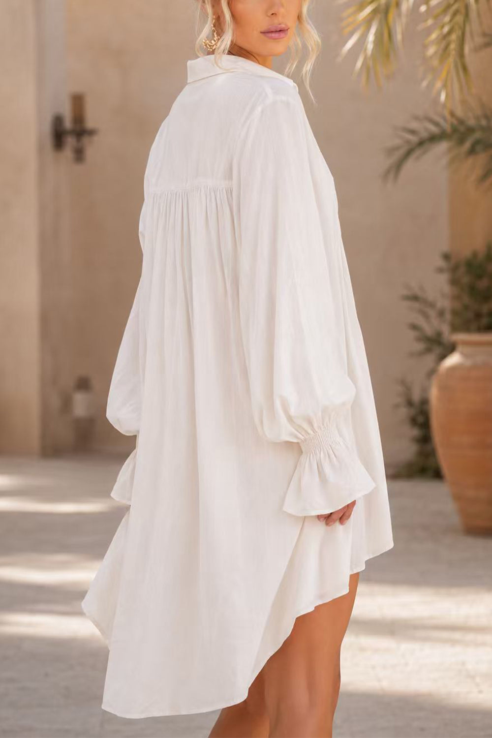 Lapel Bell Long Sleeves High Low Hem Shirt Dress