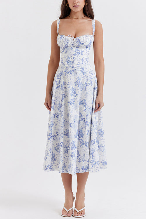 Adjustable Strap High Waist Slit Swing Midi Dress Blue