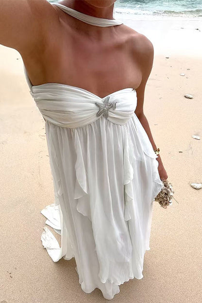 Sleeveless Open Back Ruffle Trim Slit Maxi Dress