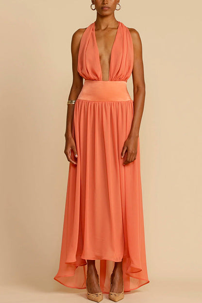 Rosiedress Deep V Neck Halter Backless Flowy Maxi Party Dress