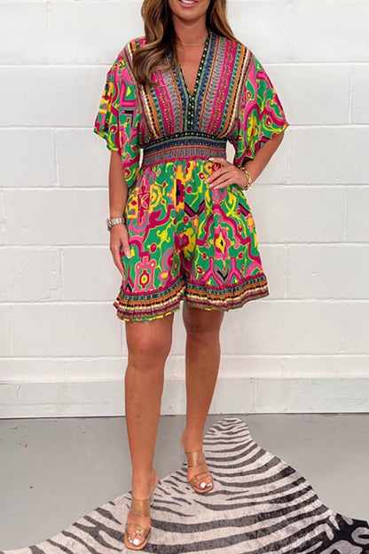 V Neck High Waist Wide Leg Printed Ruffle Romper Green