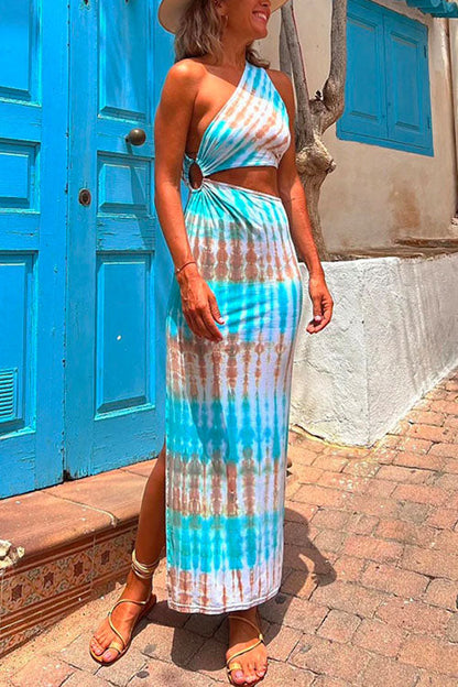 Rosiedress One Shoulder Cut Out Waist Side Split Tie Dye Maxi Dress