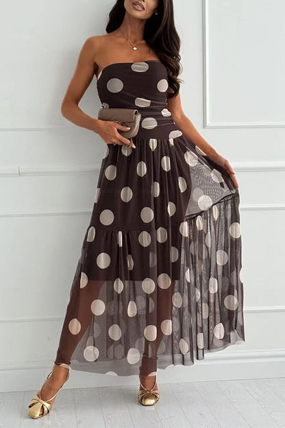 Strapless Polka Dot Mesh Ruffle Hem Maxi Dress