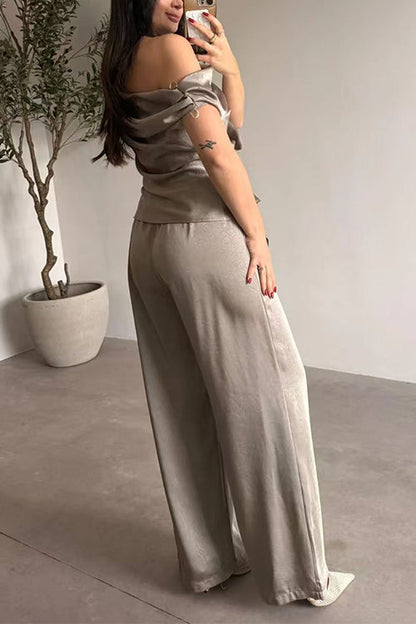 Asymmetrical Shoulder Ruched Top Straight Leg Pants Satin Set