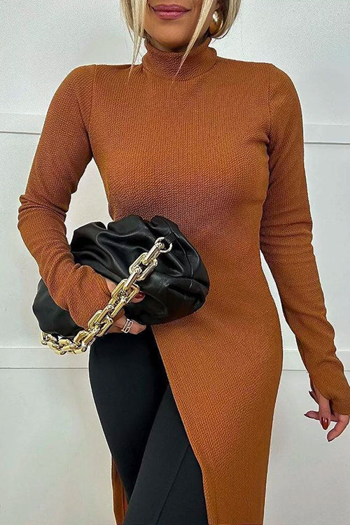 Turtleneck High Slit Long Sweater Top with Thumb Holes