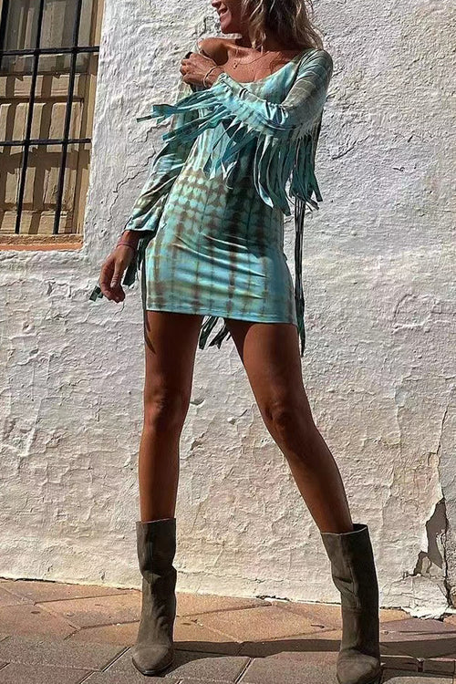 Rosiedress Tie Dye Long Sleeves Tassle Mini Dress