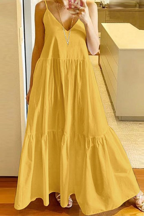 V Neck Ruffle Tiered Swing Maxi Cami Dress Yellow
