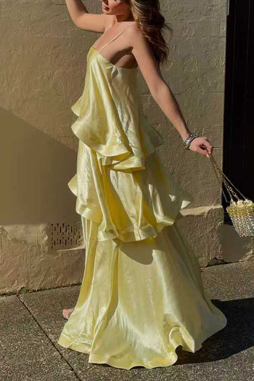 Spaghetti Strap Ruffle Layered Satin Maxi Dress