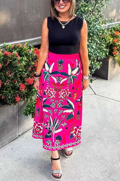 High Rise Tropic Print Midi Skirt