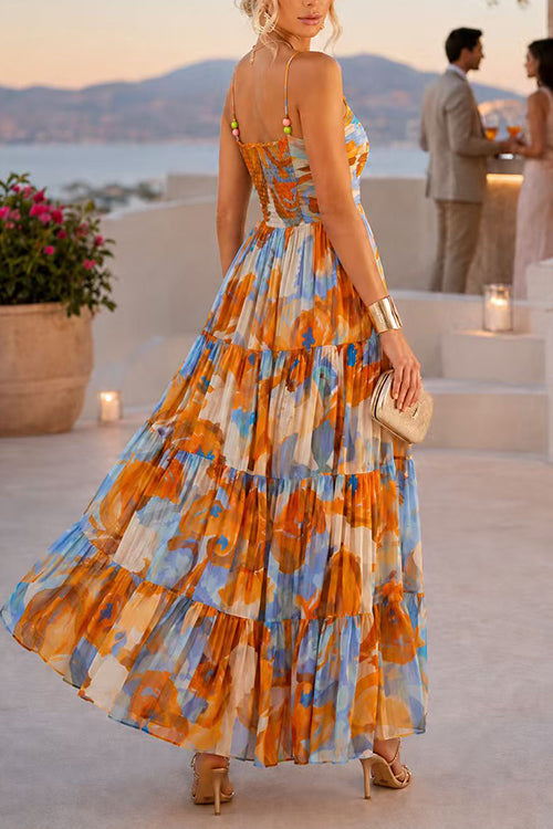 Spaghetti Strap Floral Print Ruffle Tiered Maxi Dress