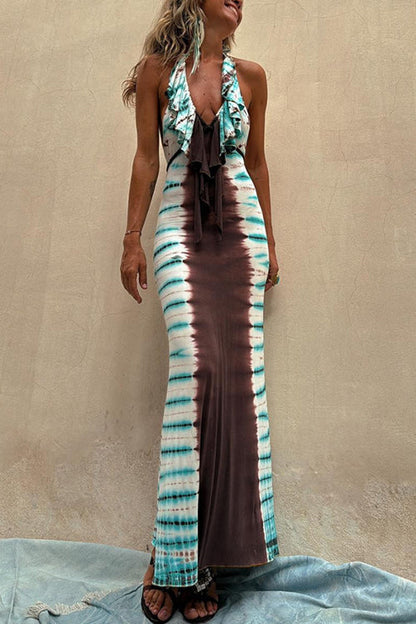 Halter Backless Ruffle Trim Color Block Tie Dye Maxi Dress