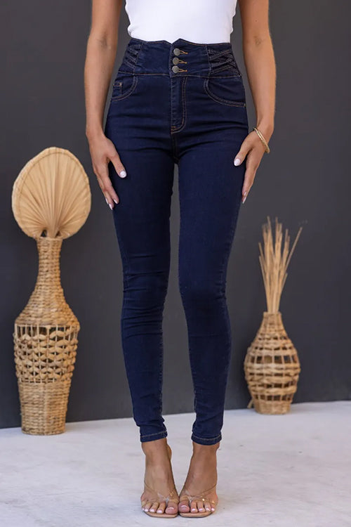 High Rise 3 Buttons Skinny Pencil Jeans DarkBlue