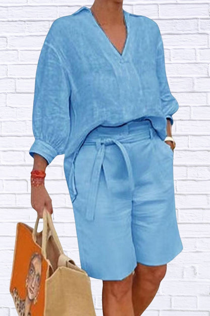 Plus Size Johnny Collar Top & Shorts Set for Women | 3/4 Sleeve Casual Matching Outfit | Comfortable Loungewear & Summer Set