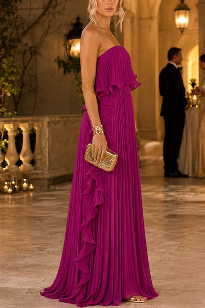 Strapless Tube Ruffle Hem Pleated Maxi Dress