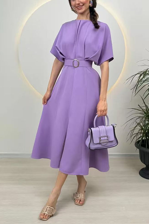 Crewneck Short Sleeves Belted Slit Midi Dress