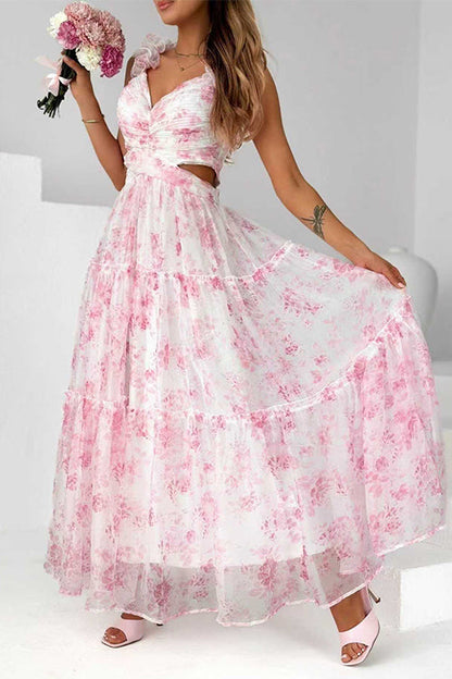 V Neck Sleeveless Cut Out Waist Floral Print Ruffle Maxi Dress