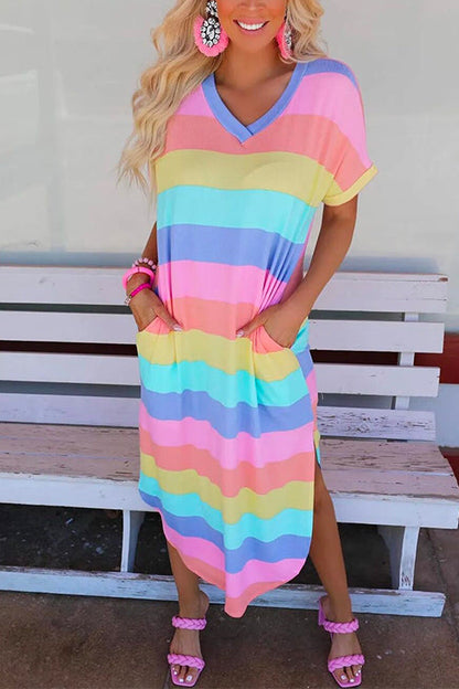Curve Hem Side Split Rainbow Stripes Midi Dress Blue