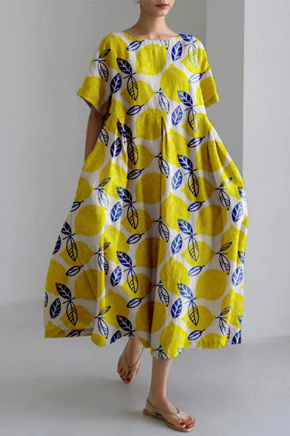 Printed Short Sleeves Pocketed A-line Midi Dress Lemon