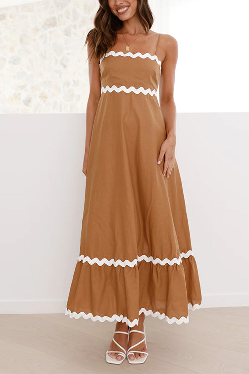 Rosiedress High Waist Ric Rac Print Swing Midi Cami Dress Camel