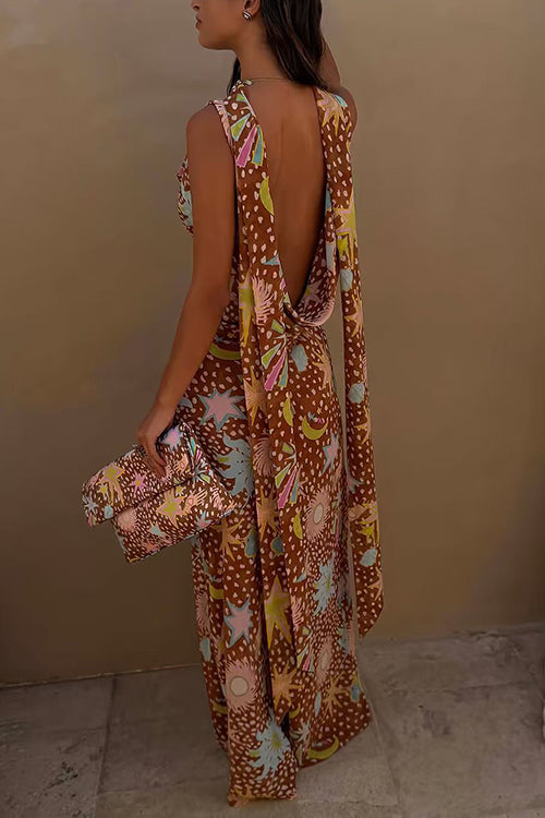 Cowl Neck Open Back Printed Maxi Dress with Scarf