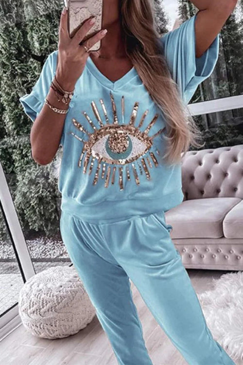 Rosiedress Sequin Pattern V Neck Short Sleeve Top with Pocketed Pants Casual Set