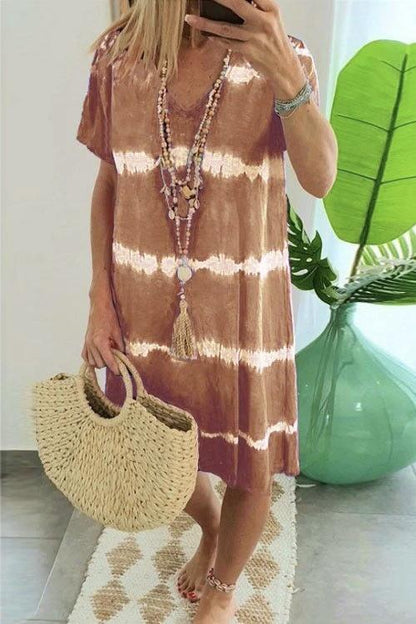 V Neck Short Sleeve Tie Dye Stripes T-shirt Dress Khaki