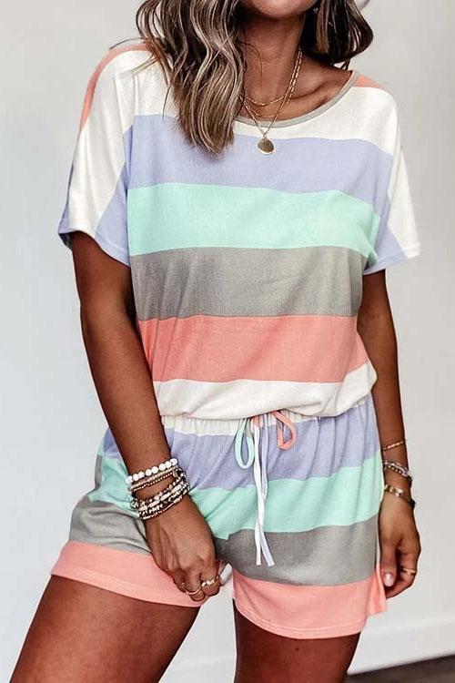 Rosiedress Crewneck Color Block Striped Drawstring Romper Multi