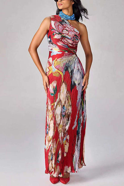 One Shoulder Sleeveless Cut Out Waist Floral Print Maxi Dress