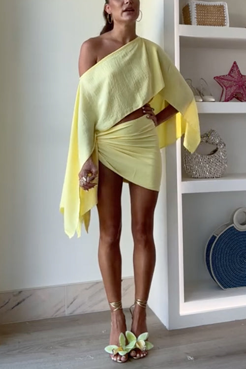 Slit Sleeves Crop Top and Tie Knot Wrap Mini Skirt Set Yellow