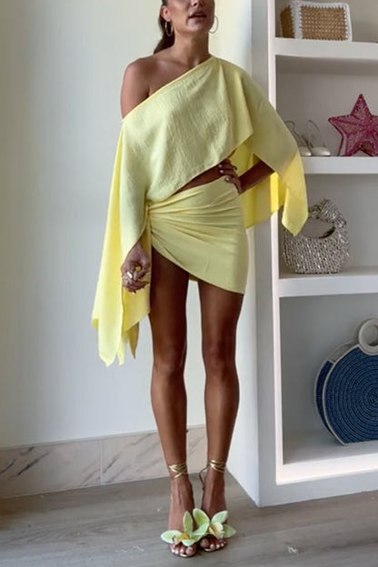 Slit Sleeves Crop Top and Tie Knot Wrap Mini Skirt Set Yellow