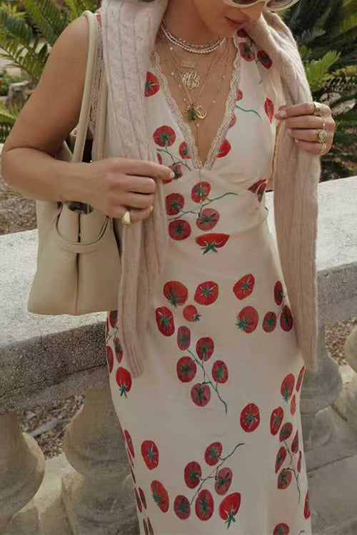 Sleeveless V Neck Lace Trim Tomato Print Maxi Dress