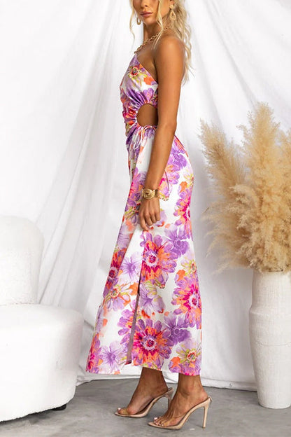 One Shoulder Cut Out Floral Print Slit Satin Maxi Dress