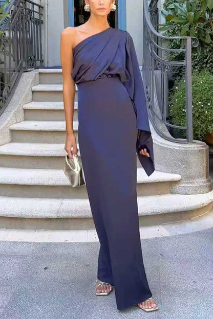 One Shoulder Long Sleeve Side Slit Satin Maxi Dress