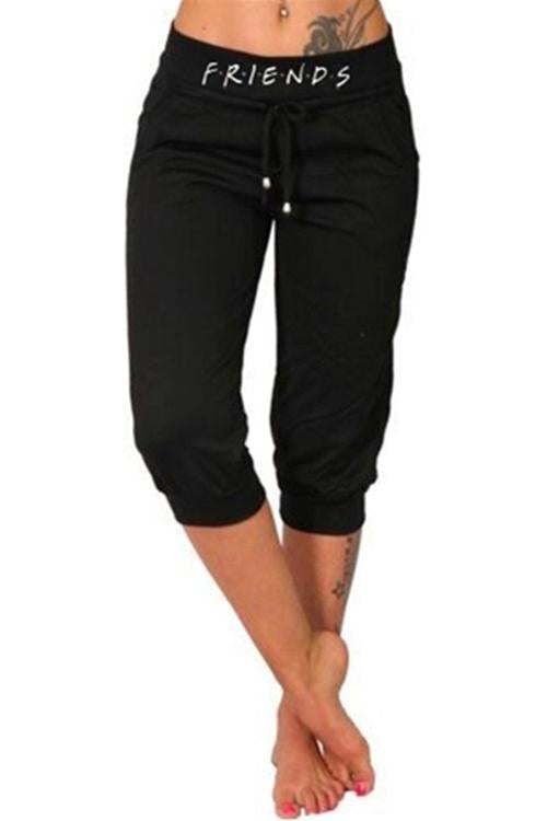 Letter Printed Solid Cropped Pants Black