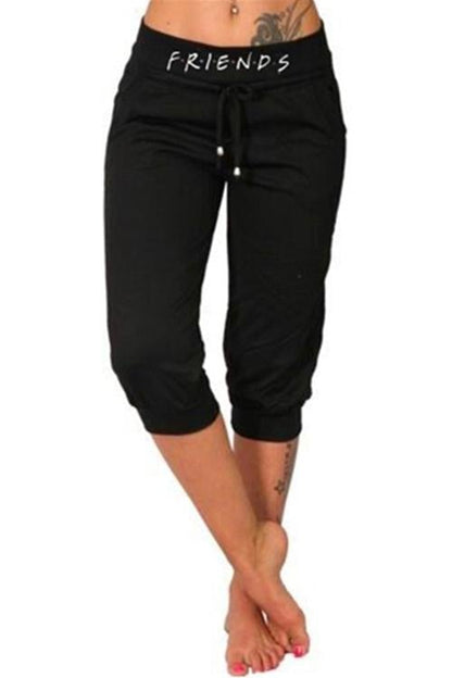 Letter Printed Solid Cropped Pants Black