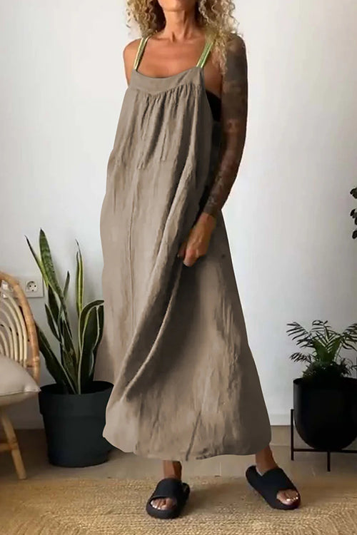 Color Block Casual Cotton Linen Maxi Beach Dress Coffee