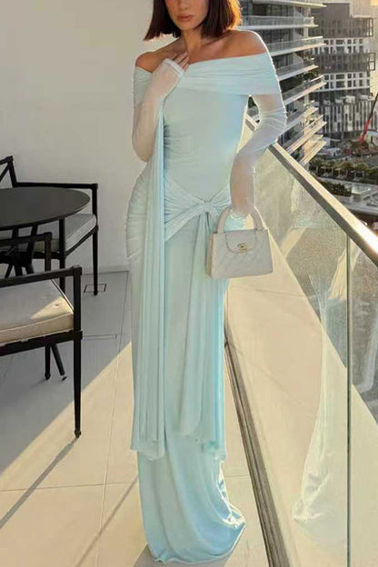 Off Shoulder Long Sleeves Knot Waist Draped Maxi Dress