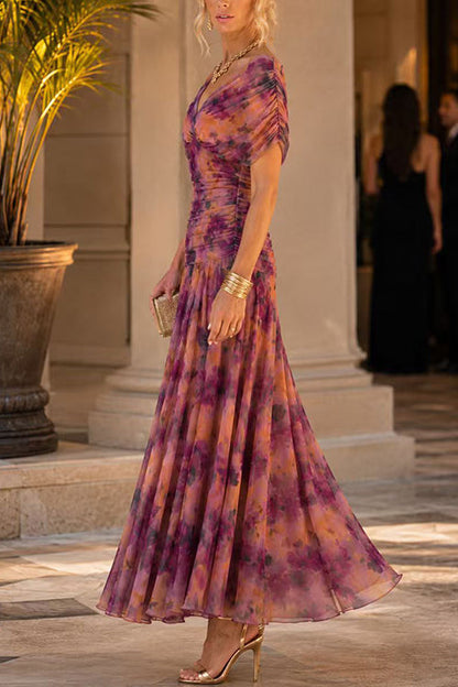 V Neck Ruched Floral Print Maxi Dress
