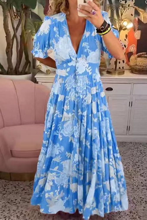 V Neck Button Up Floral Print Flowy Maxi Dress LightBlue
