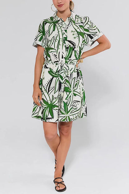 Short Sleeves Button Down Tie Waist Printed Mini Shirt Dress