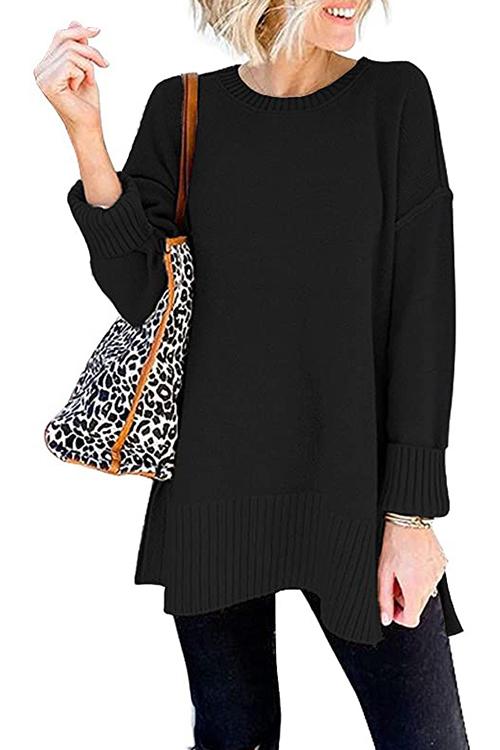 Rosiedress Drop Shoulder Side Split Loose Sweater Black