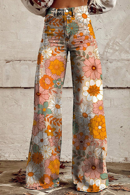 Vintage Floral Print Wide Leg Pants Orange
