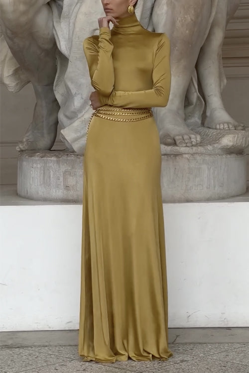 Turtleneck Long Sleeves Metallic Maxi Evening Dress