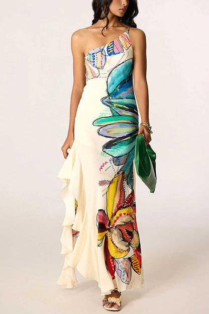 One Shoulder Sleeveless Floral Print Ruffle Hem Maxi Dress