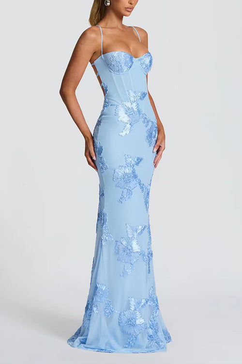 Backless Lace-up Corset Flower Embroidery Maxi Cami Dress