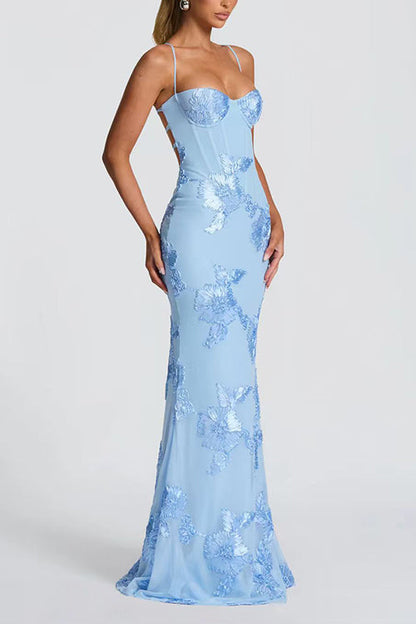 Backless Lace-up Corset Flower Embroidery Maxi Cami Dress