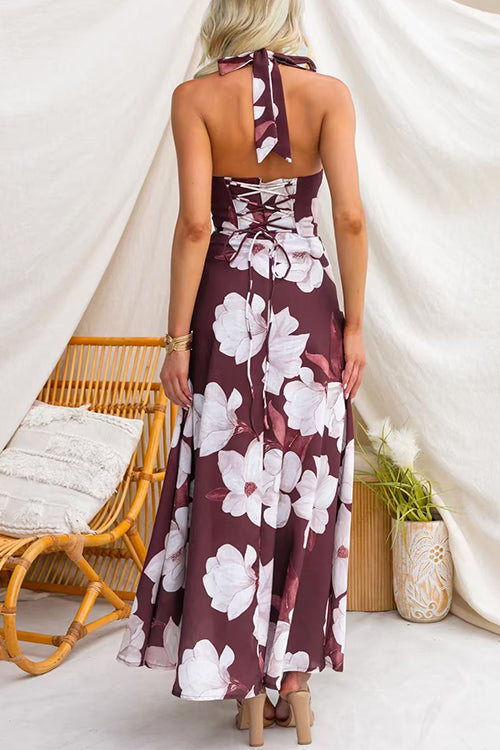 Halter V Neck Back Lace-up Floral Print Maxi Dress