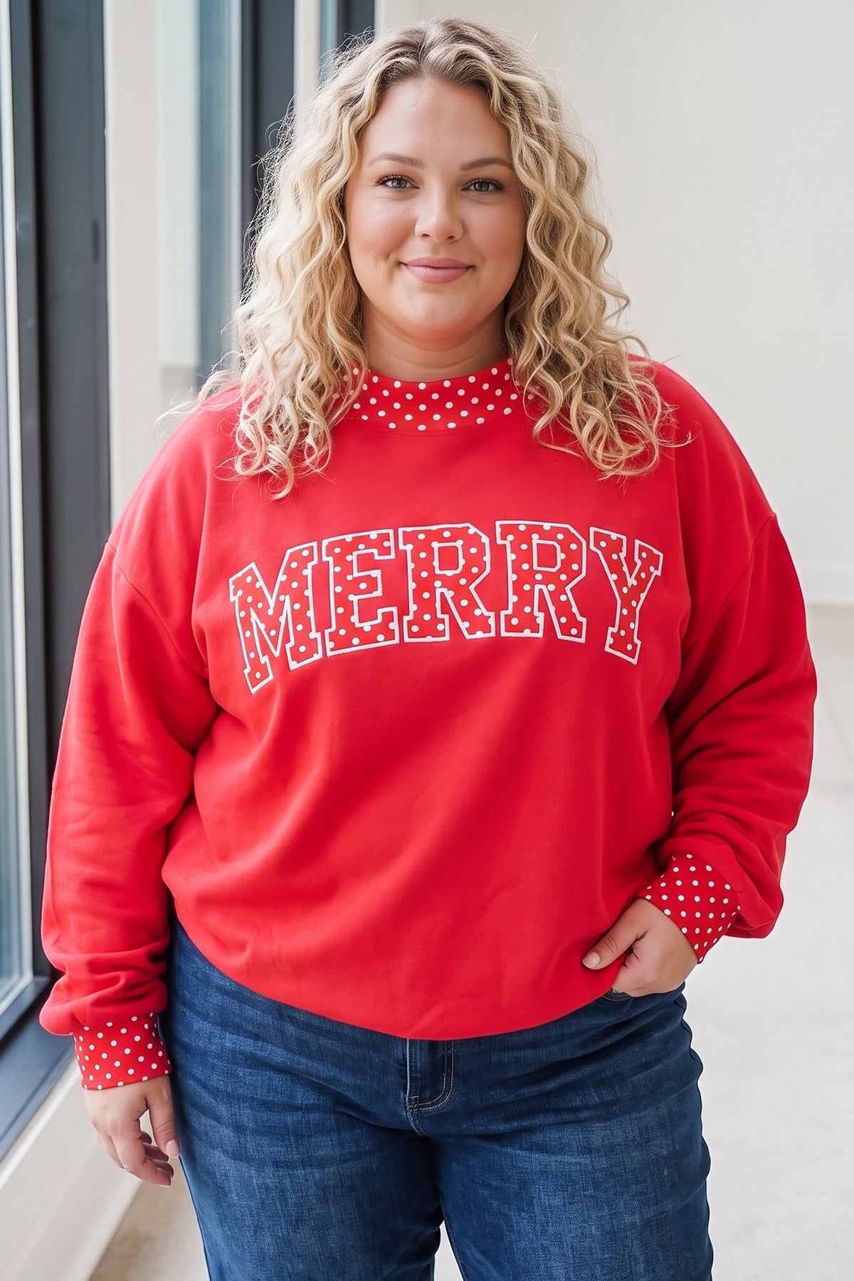 Fiery Red Casual Polka Dot Patchwork Letter Graphic Plus Size Sweatshirt